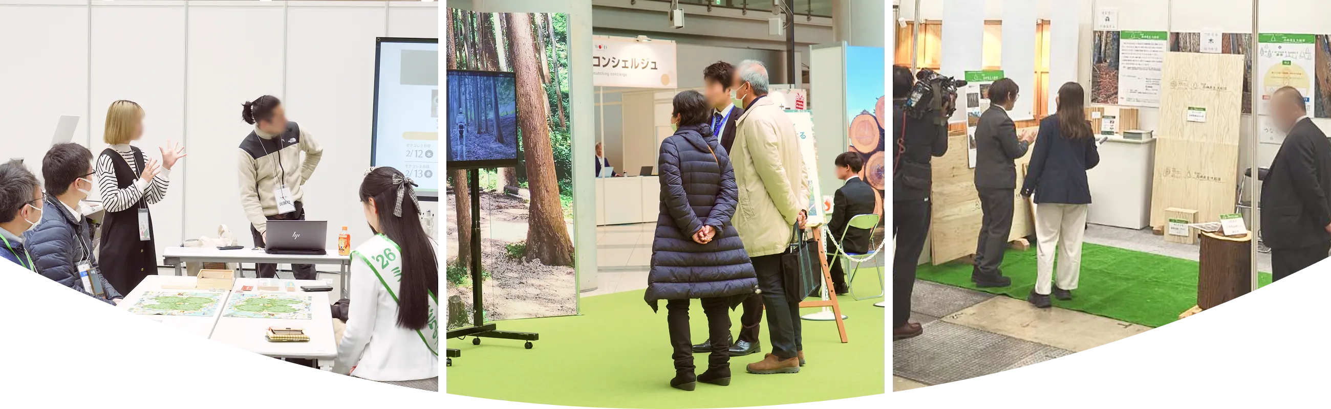 モクコレ会場で出展社と来場者が商談する様子や、出展ブースを観覧する来場者の写真コラージュ